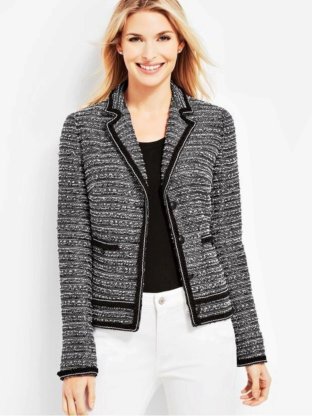 Talbots Black and White Fringe Trim Tweed Jacket Women's Size 24W